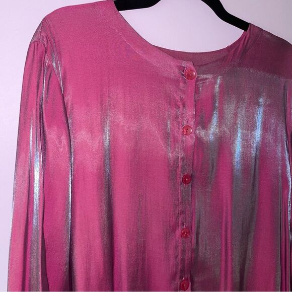 Avon L Blouse Pink Two Tone Dhoop Chao Shimmer Long Sleeve Button Collarless - Picture 2 of 12